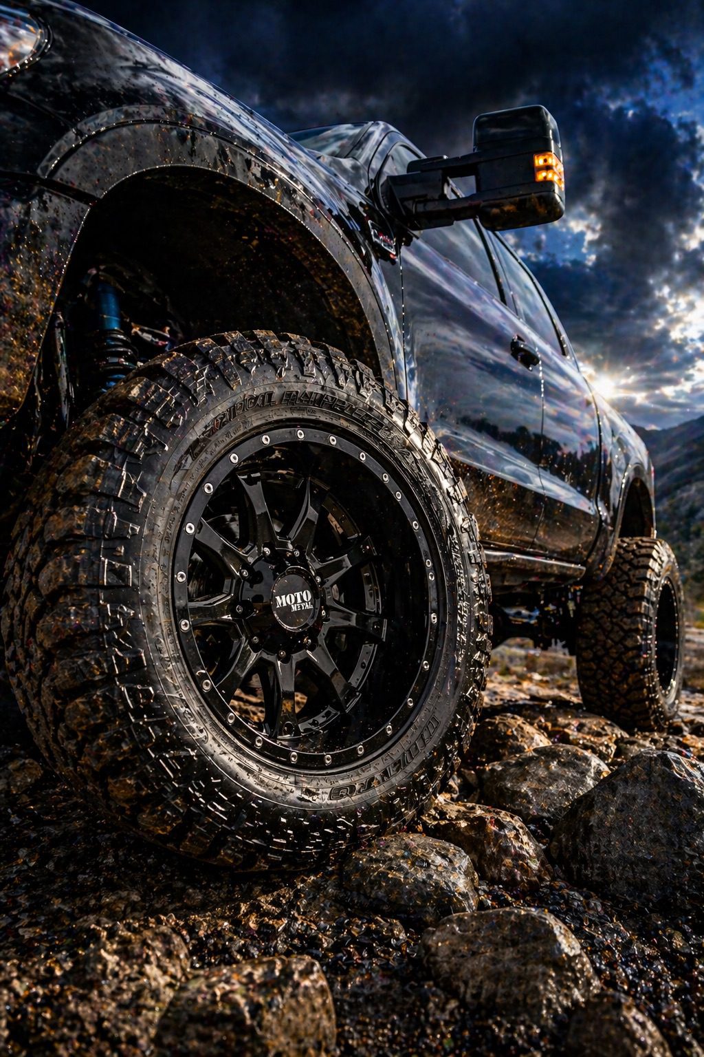 Off-road Wheels TCS off-road truck wheels with aggressive tread tires, rugged aftermarket rims designed for mud, gravel, and trail performance, lifted pickup truck setup