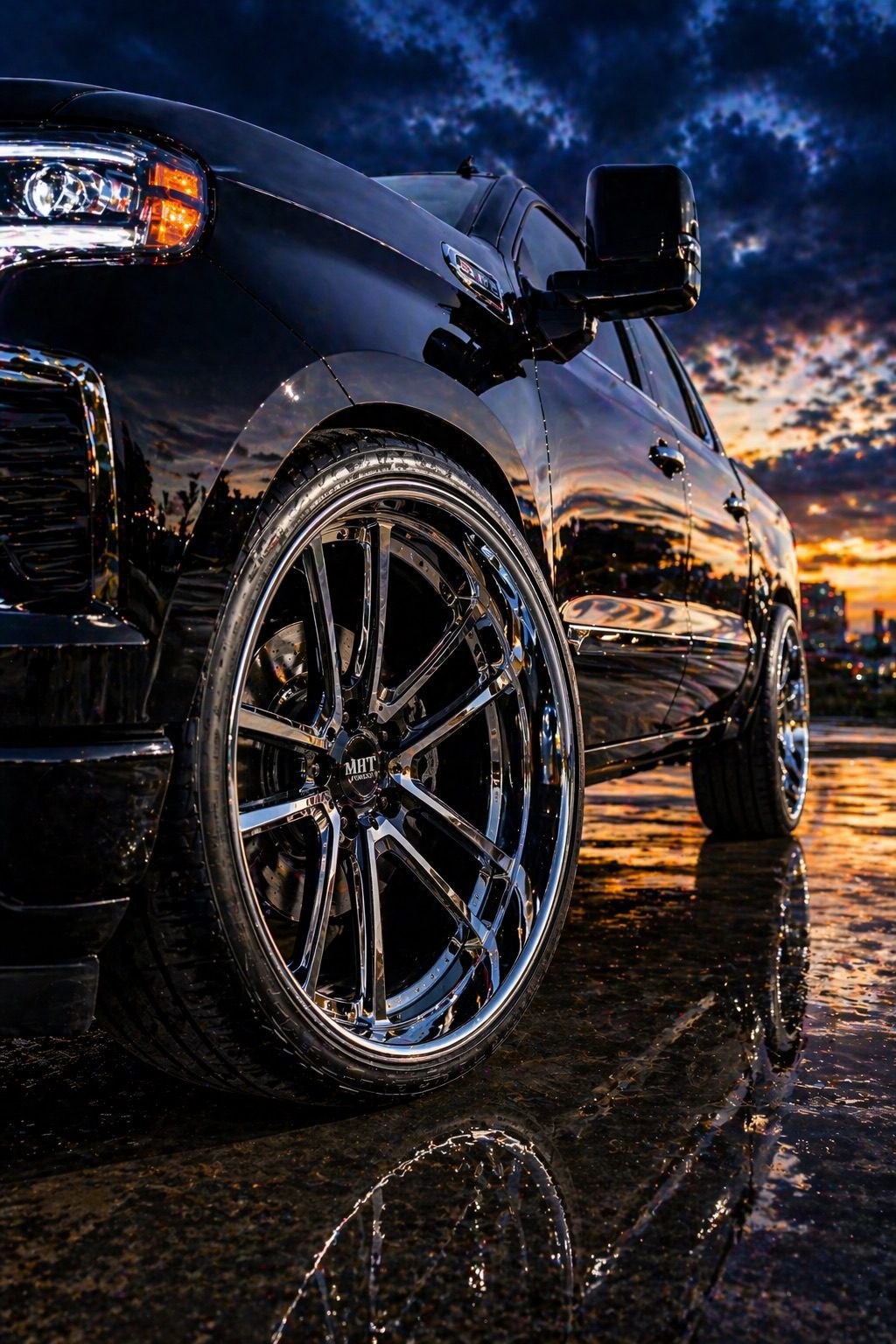 Street Wheels TCS street performance wheels with sleek alloy rims and low-profile tires, clean fitment on a modern car, designed for smooth handling and urban driving